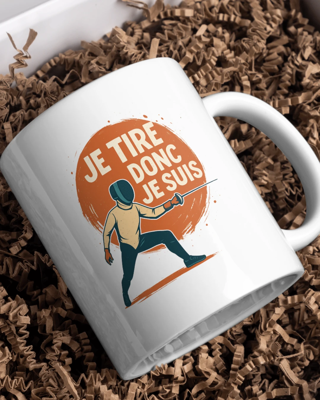 mug escrime je tire donc je suis illustration escrimeur fond orange