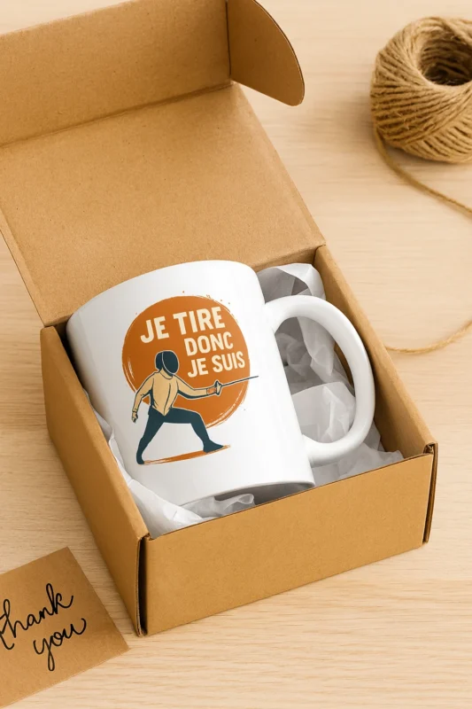 mug escrime je tire donc je suis illustration escrimeur fond orange